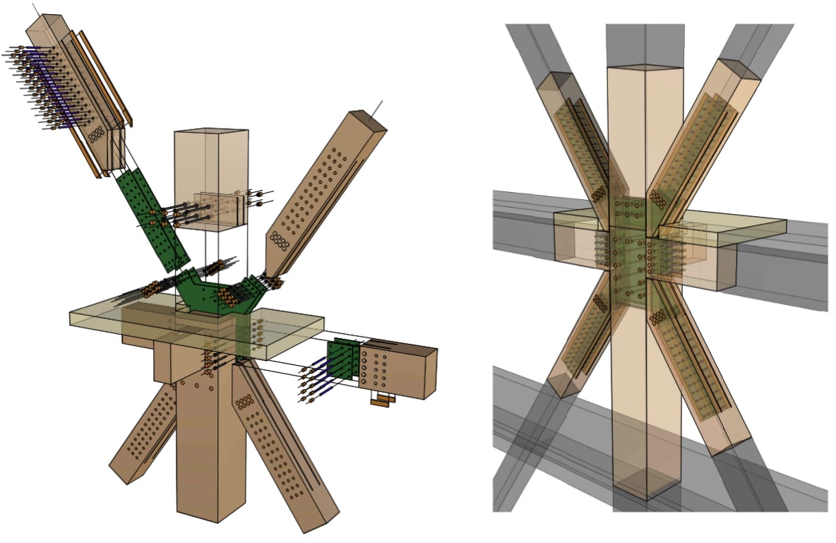 Hotel Optimismo, Adelaide. Two views of the connection where the timber braces meet a column and floor.