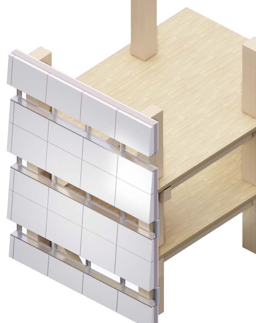 Hotel Optimismo, Adelaide. Drawing of the facade panels fixed to the timber floor and column structure.