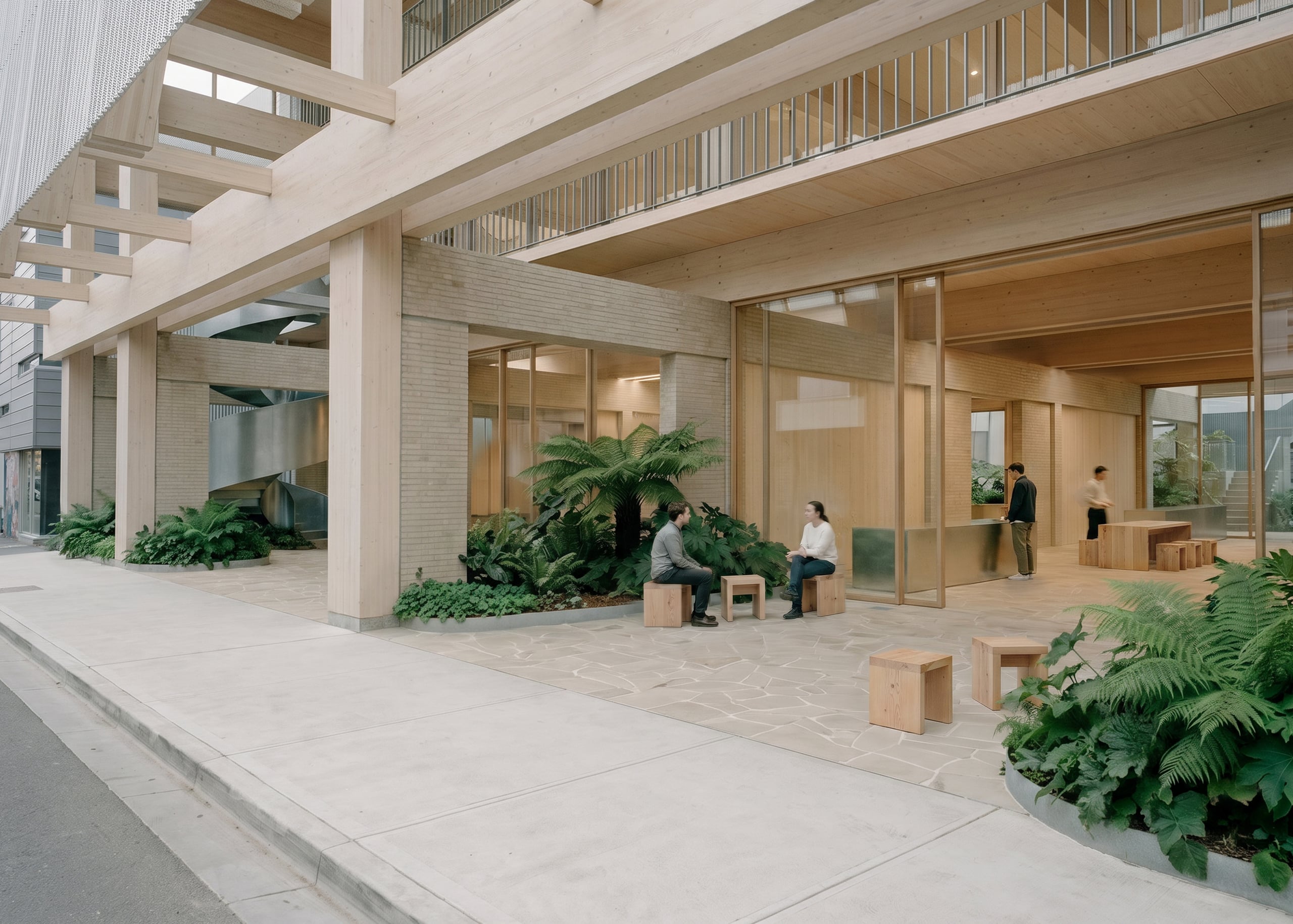 57–71 Stephenson Street, Cremorne. The ground plane at the entry, with the stair and planting under the timber structure.