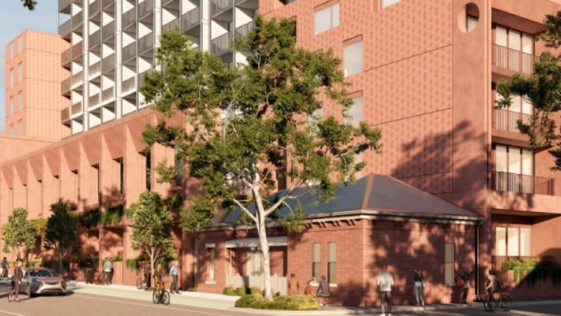 Fitzroy build-to-rent. The retained corner building with the new apartments behind.