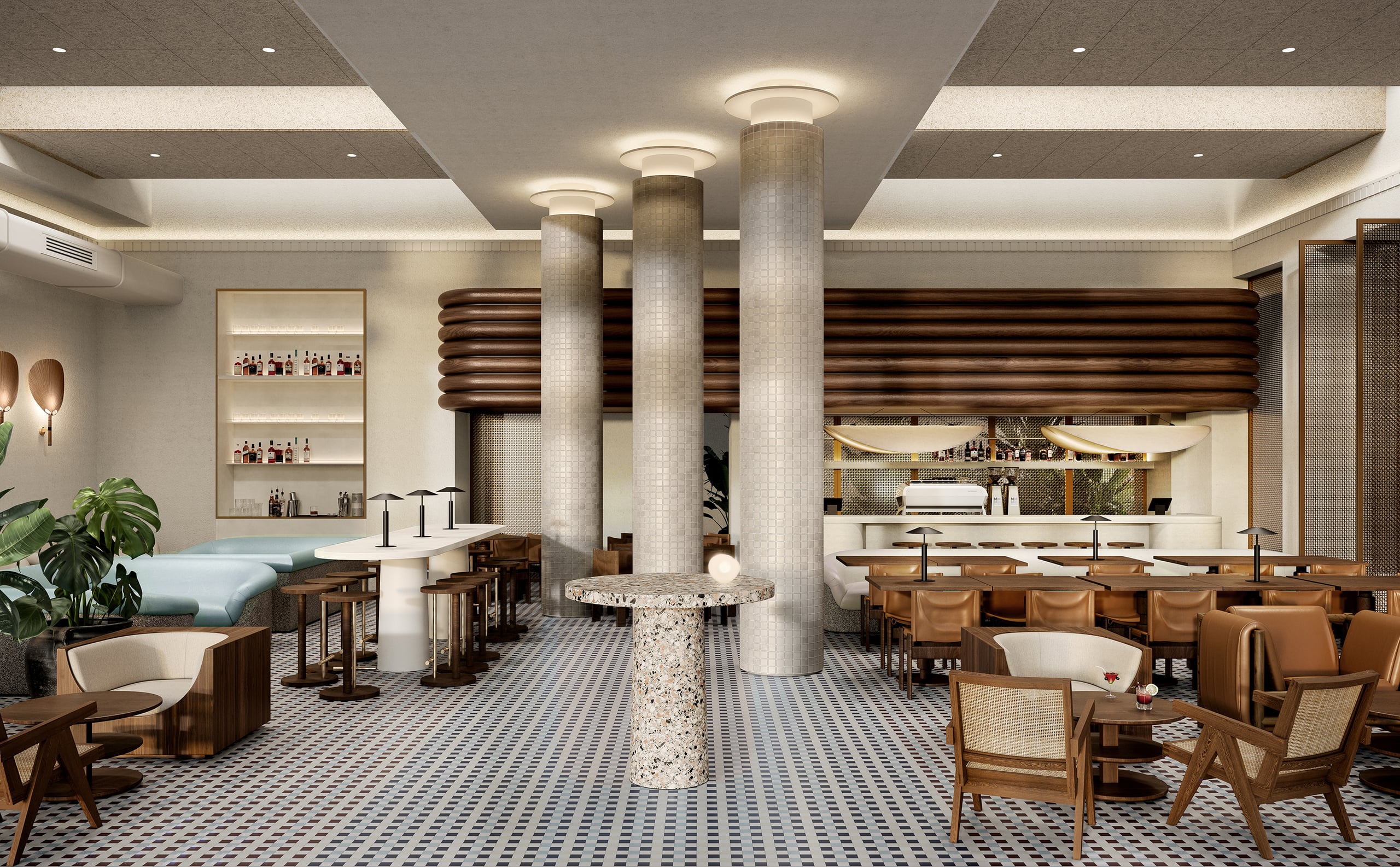 Fitzroy Street, St Kilda. Render of the arrival lounge and bar among the tiled columns.