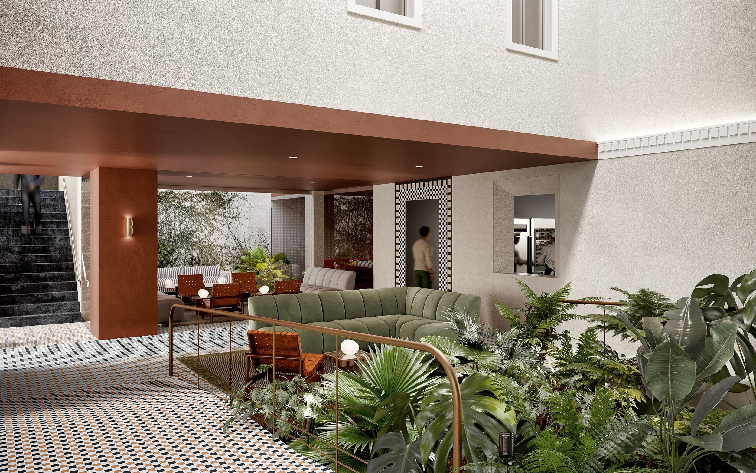 Fitzroy Street, St Kilda. Render of the lounge opening onto a planted courtyard.