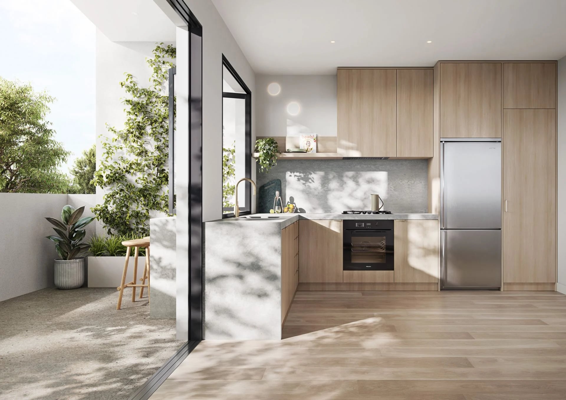 Keith Street, Hampton East. Render of a townhouse kitchen opening onto its courtyard.
