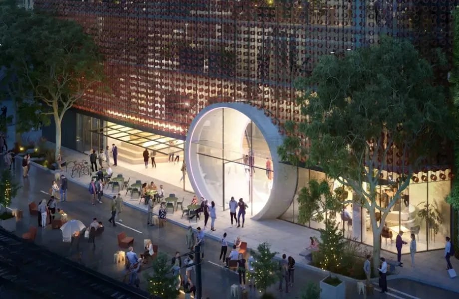 Matter House, Cremorne. Night render of the circular entry under the terracotta pipe facade.